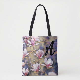 Monogram Pink magnolia branch watercolor purple Tote Bag