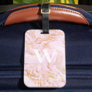 Monogram Pink Marble Gold Glitter  Luggage Tag