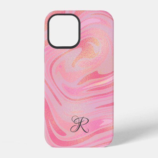 Monogram Pink Marble Swirl & Gold Glitter Pattern  iPhone Case (Back)