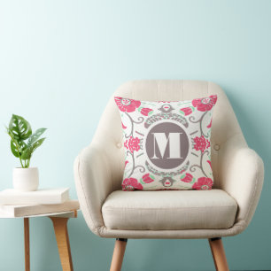 Monogram Pink Mint Taupe Modern Floral Pillow