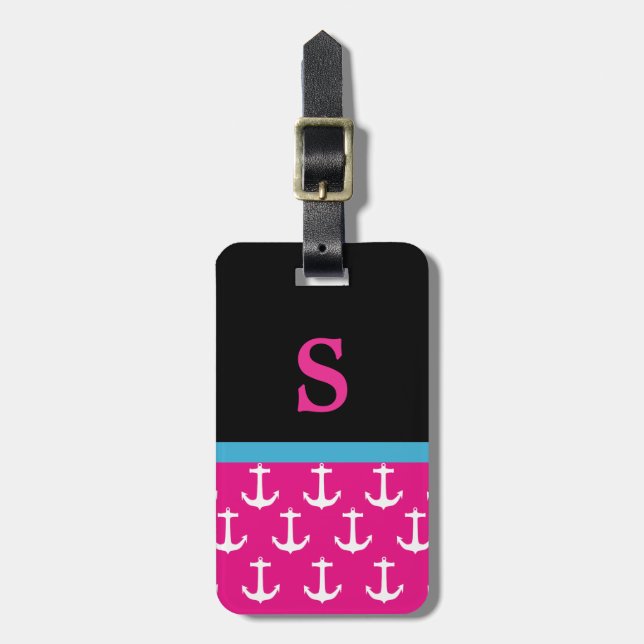 Monogram Pink Nautical Anchor Pattern Luggage Tag (Front Vertical)