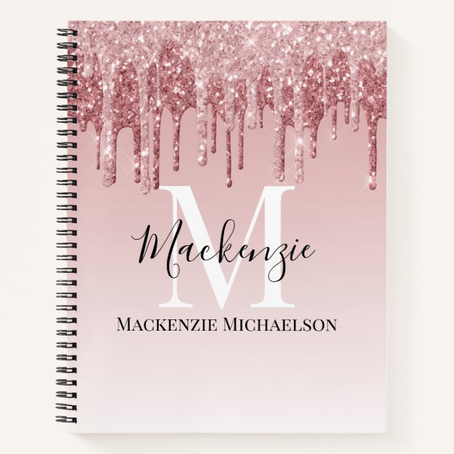 Monogram Pink Ombre Glitter Name  Notebook (Front)