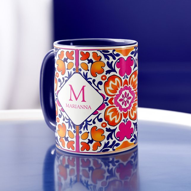 Monogram Pink orange blue Mexican tiles  Mug (Monogram Pink orange blue Mexican tiles Mug personalized name bridesmaid gifts bridal party favors)