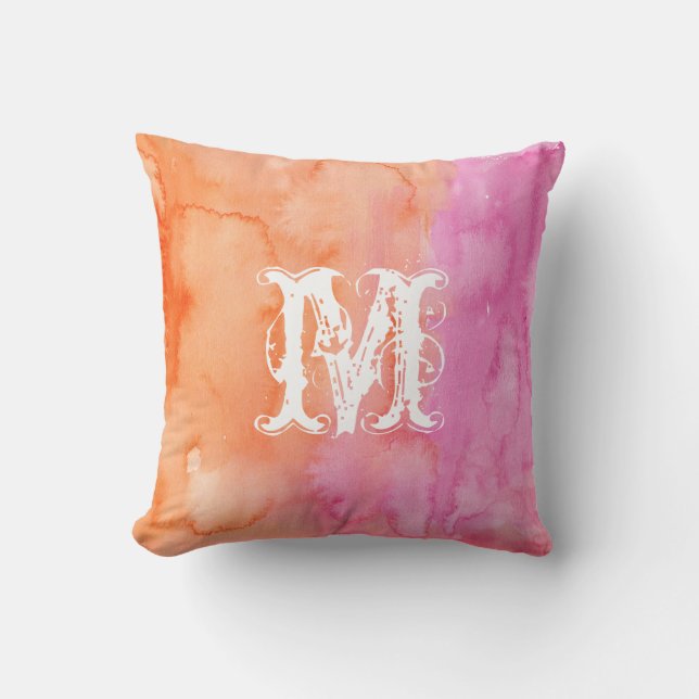Monogram Pink Orange Initial Watercolor Pillow (Front)