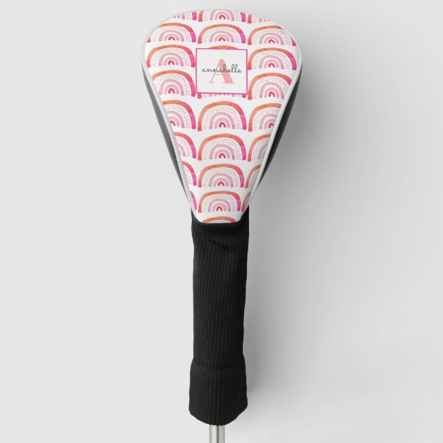 Monogram Pink Peach Rainbow Pattern Personalised Golf Head Cover (Front)