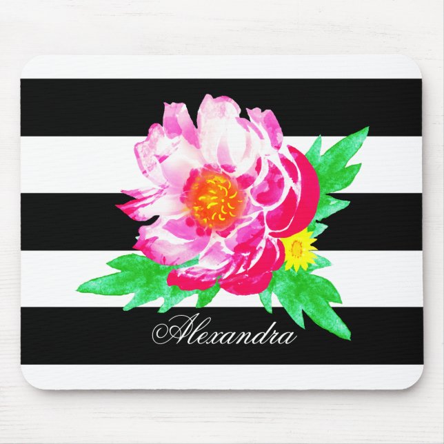 Monogram Pink Peony on Black / White Mousepad (Front)