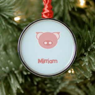 Monogram pink piglet on blue metal ornament