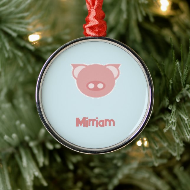 Monogram pink piglet on blue metal ornament (Tree)