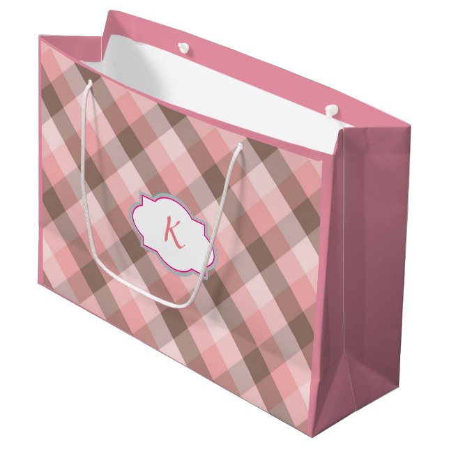 Monogram. Pink Plaid. Large Gift Bag (Front Angled)