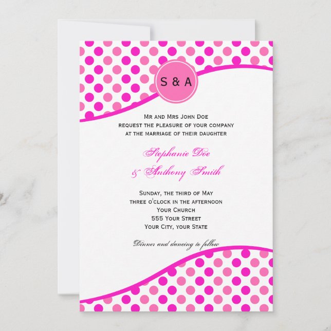 Monogram Pink Polka Dot Pattern Wedding Invitation (Front)