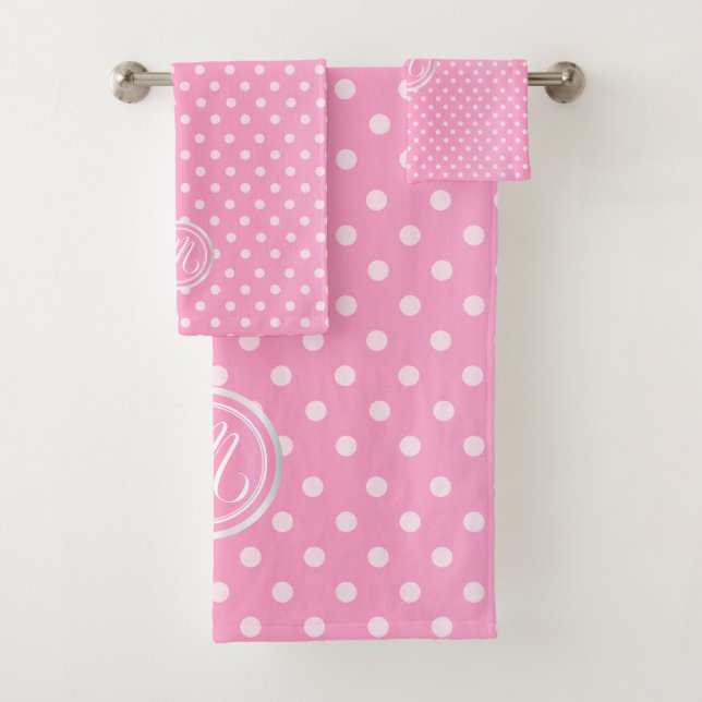 Monogram Pink Polka Dots Pattern Bath Towel Set (Insitu)