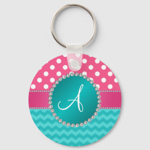 Monogram pink polka dots turquoise chevron sparkle key ring