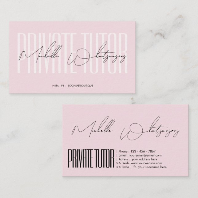 Monogram pink PRIVATE TUTOR modern script Business Card (Front/Back)