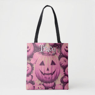 Monogram Pink Pumpkin Halloween Tote Bag