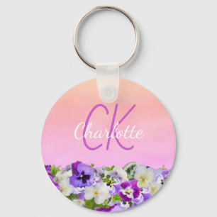 Monogram pink purple floral pansies name script key ring