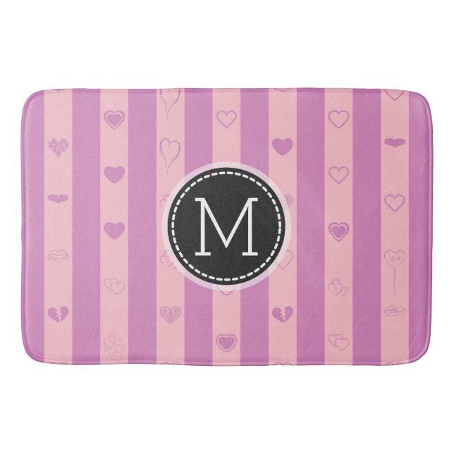 Monogram Pink Purple Stripes Modern Heart Pattern Bath Mat (Front)