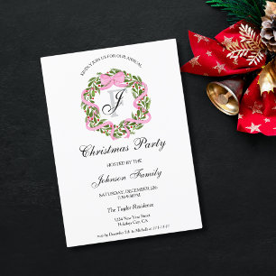 Monogram Pink Ribbon Wreath Christmas Dinner Party Invitation
