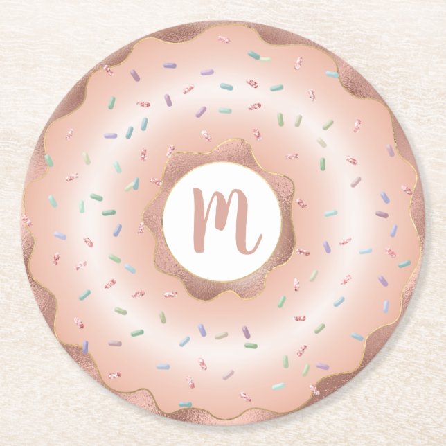 Monogram pink rose gold foil doughnut script glam round paper coaster (Front)