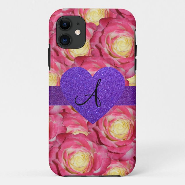 Monogram pink rose purple glitter heart Case-Mate iPhone case (Back)