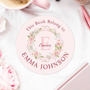 Monogram Pink Rose This Book Belongs to Bookplate Classic Round Sticker