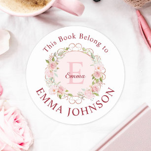 Monogram Pink Rose This Book Belongs to Bookplate Classic Round Sticker
