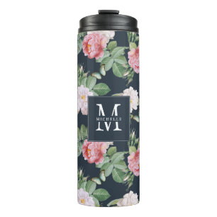 Monogram Pink Roses Butterflies Custom Dark Grey Thermal Tumbler
