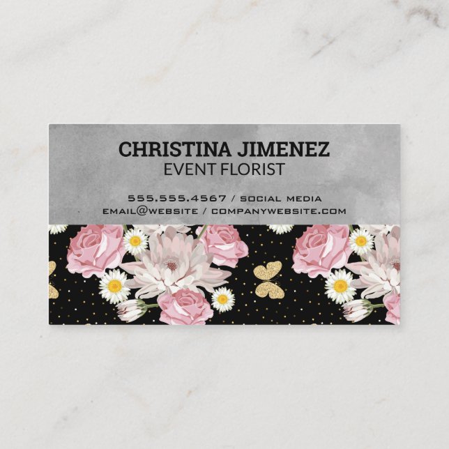 Monogram Pink Roses Flowers and Butterflies Business Card (Back)