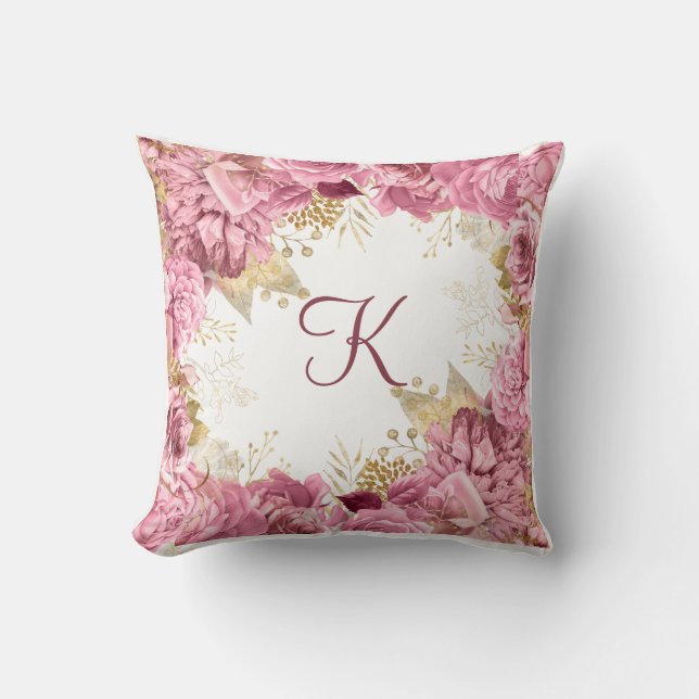 Monogram Pink Roses Gold Elegant Floral Cushion (Front)