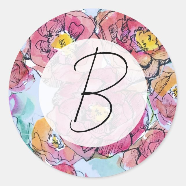 Monogram Pink Roses Letter Writing Classic Round Sticker (Front)