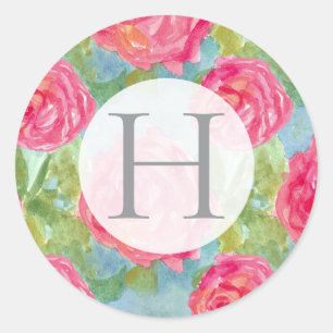 Monogram Pink Roses Watercolor Letter Writing Classic Round Sticker