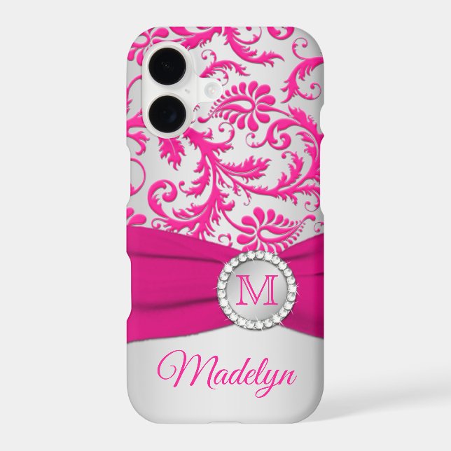 Monogram Pink, Silver Damask iPhone 11 case (Back)