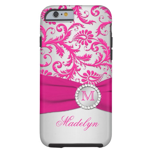 Monogram Pink, Silver Damask iPhone 6 case (Back)