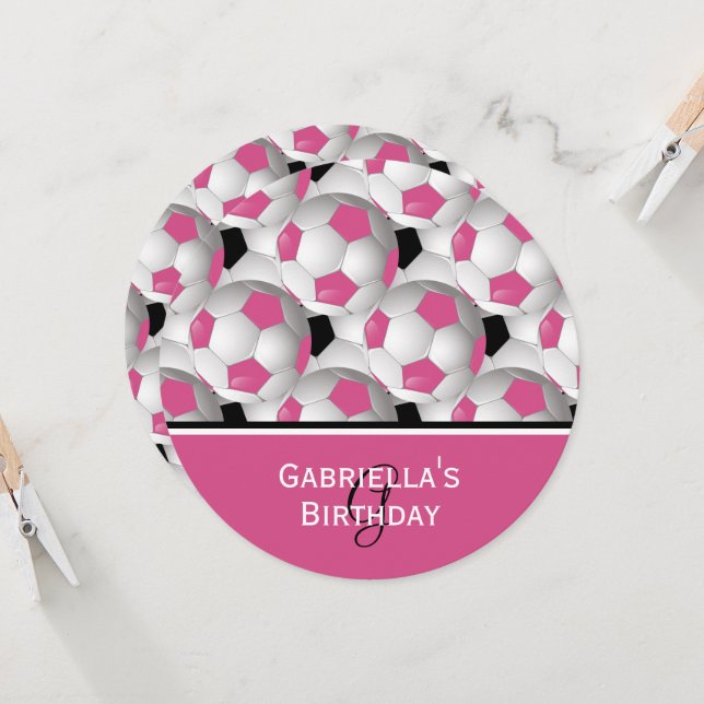 Monogram Pink Soccer Ball Pattern Birthday Party Invitation (Front/Back In Situ)