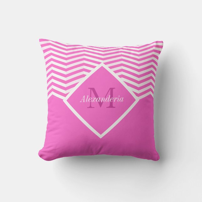 Monogram Pink Solid colour White Chevron  Cushion (Front)