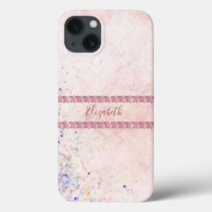 Monogram Pink Sparkle Jewels Bling Girly Trendy iPhone 13 Case