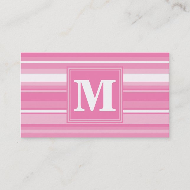 Monogram pink stripes business card (Front)