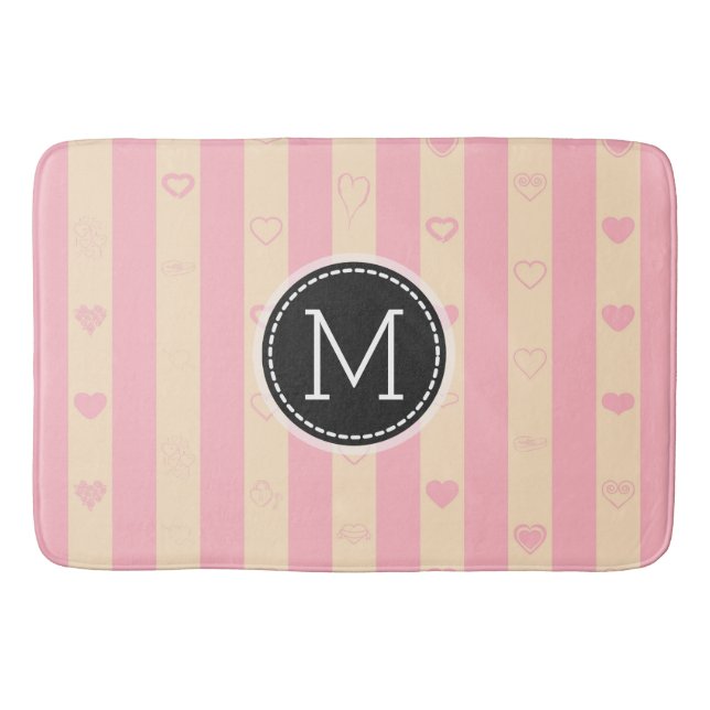 Monogram Pink Stripes Modern Heart Pattern Bath Mat (Front)
