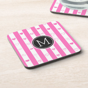 Monogram Pink Stripes Modern Heart Pattern Coaster
