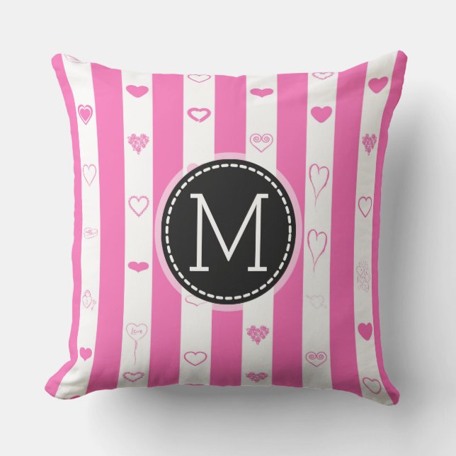 Monogram Pink Stripes Modern Heart Pattern Cushion (Front)