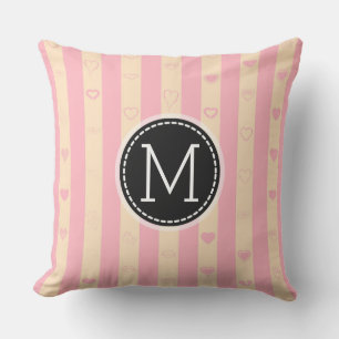 Monogram Pink Stripes Modern Heart Pattern Cushion