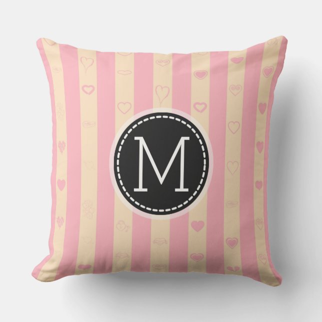 Monogram Pink Stripes Modern Heart Pattern Cushion (Front)
