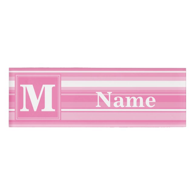 Monogram pink stripes name tag (Front)