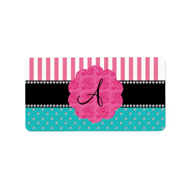 Monogram pink stripes turquoise diamonds label (Front)