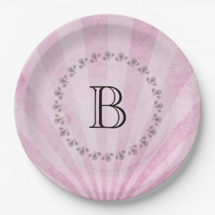 Monogram Pink Sunray Shabby Texture Paper Plate