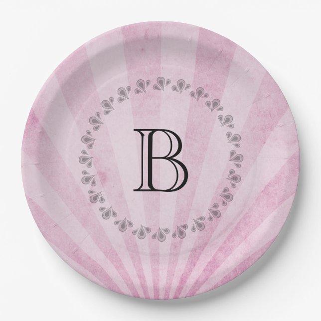 Monogram Pink Sunray Shabby Texture Paper Plate (Front)