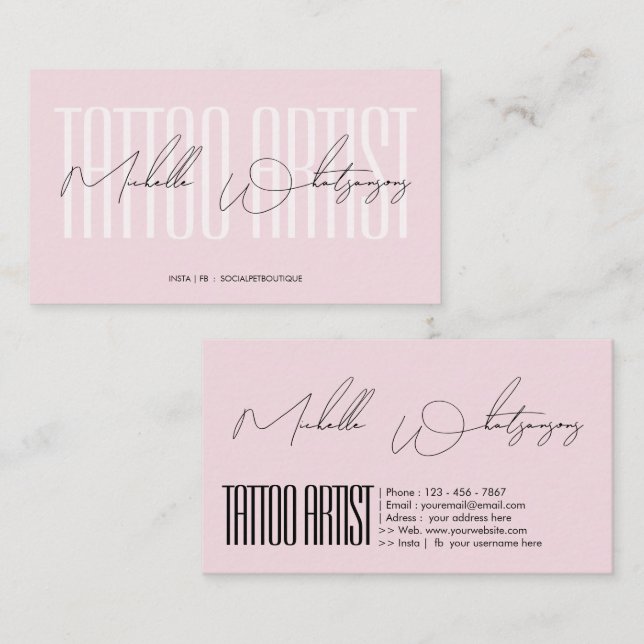 Monogram pink TATTOO ARTIST modern script Business Card (Front/Back)