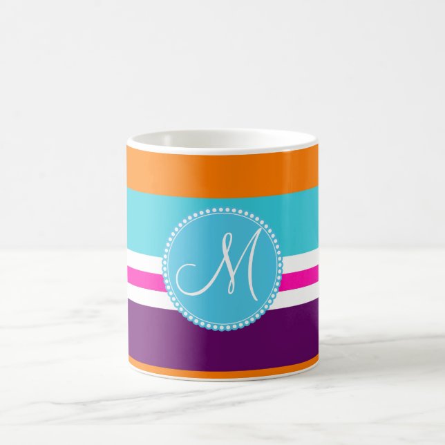 Monogram Pink Teal Orange Purple Striped Pattern Coffee Mug (Center)
