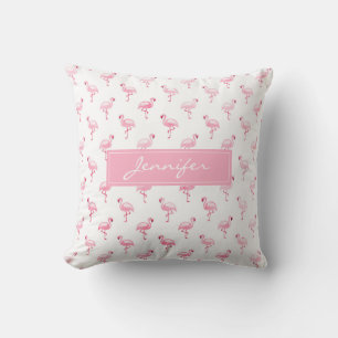 Monogram Pink Tropical Flamingo Pattern on White Cushion