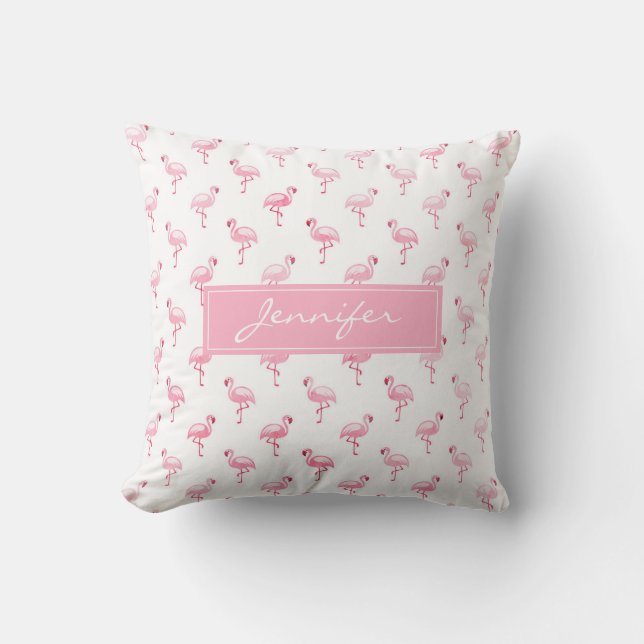 Monogram Pink Tropical Flamingo Pattern on White Cushion (Front)