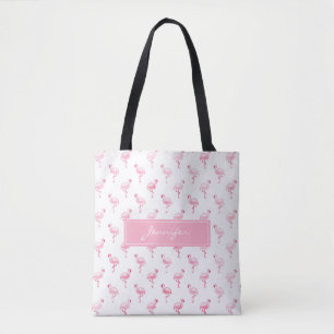 Monogram Pink Tropical Flamingo Summer Pattern Tote Bag
